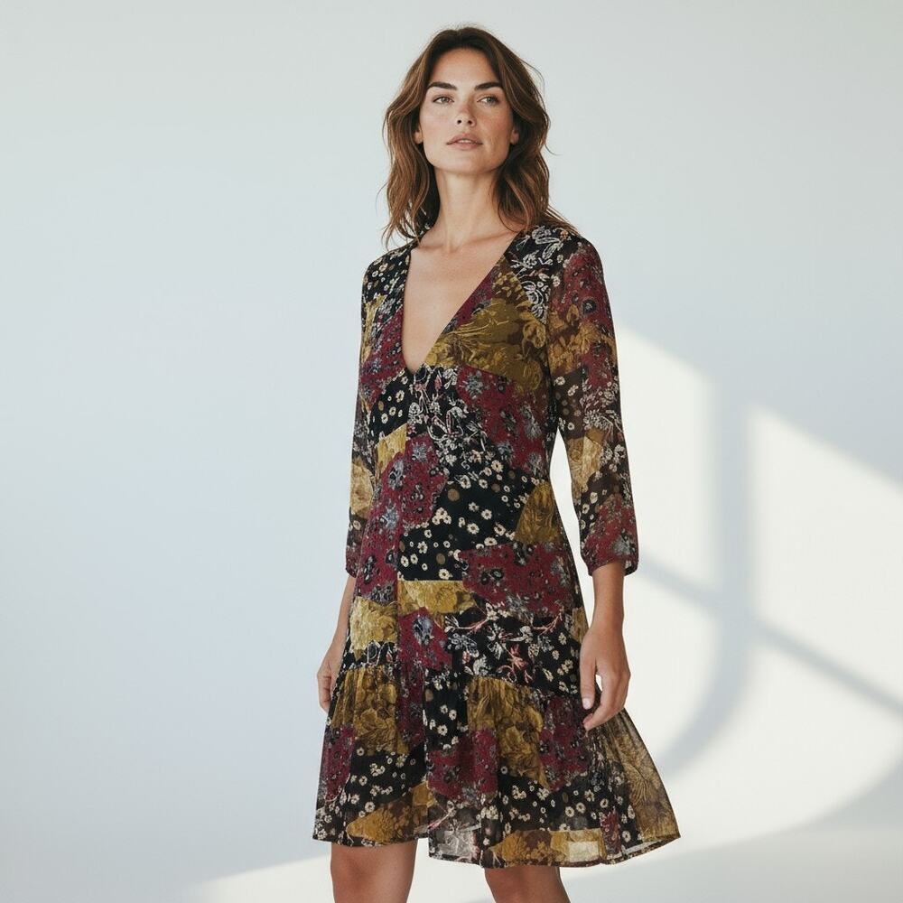 BCBGeneration Womens Large Floral Asymmetrical Hem Dress Long Sleeve MSRP $98